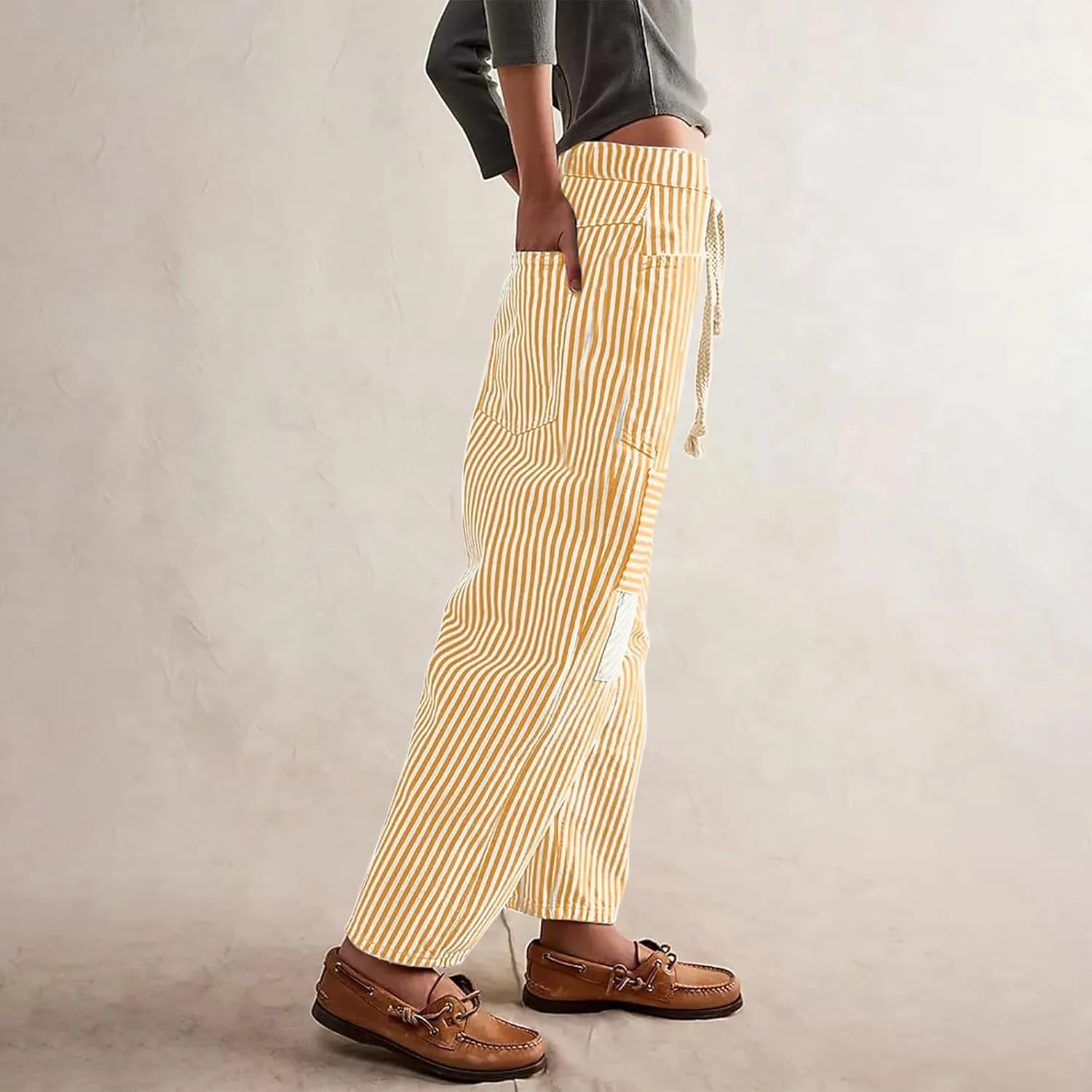 Women Baggy Striped Palazzo Pants Drawstring Patchwork Wide Leg Trousers Loose Elastic Waist Longs with Pockets