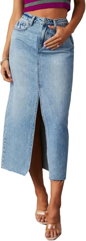 Women Casual High Waisted Denim Maxi Skirts Vintage Frayed Hem Split A-Line Long Jean Skirts with Pockets