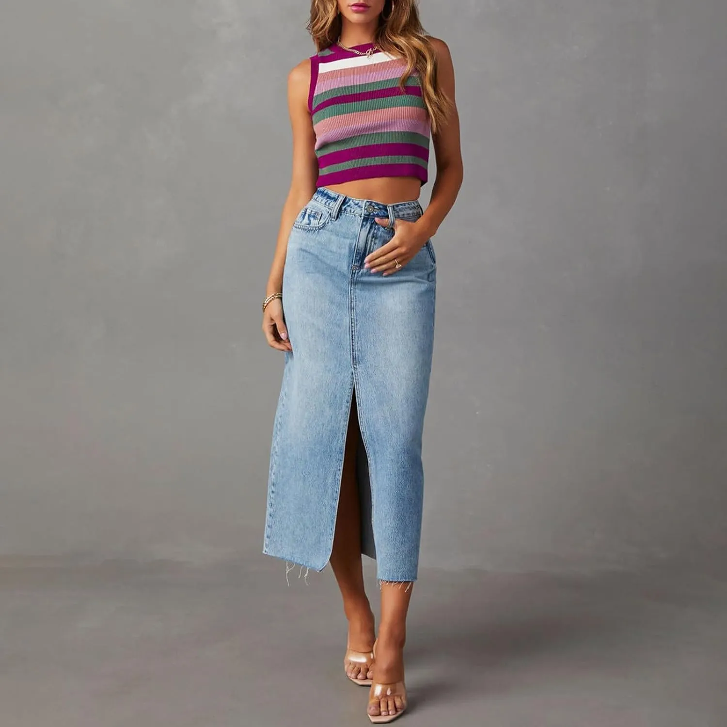 Women Casual High Waisted Denim Maxi Skirts Vintage Frayed Hem Split A-Line Long Jean Skirts with Pockets