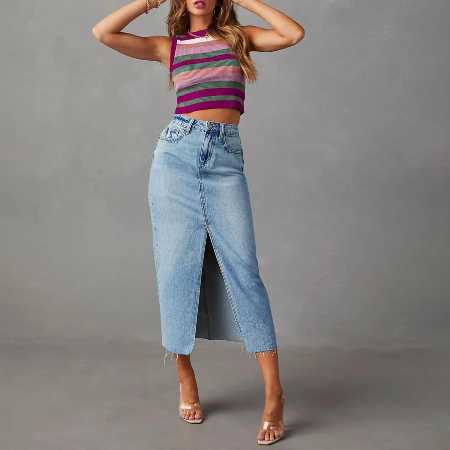 Women Casual High Waisted Denim Maxi Skirts Vintage Frayed Hem Split A-Line Long Jean Skirts with Pockets