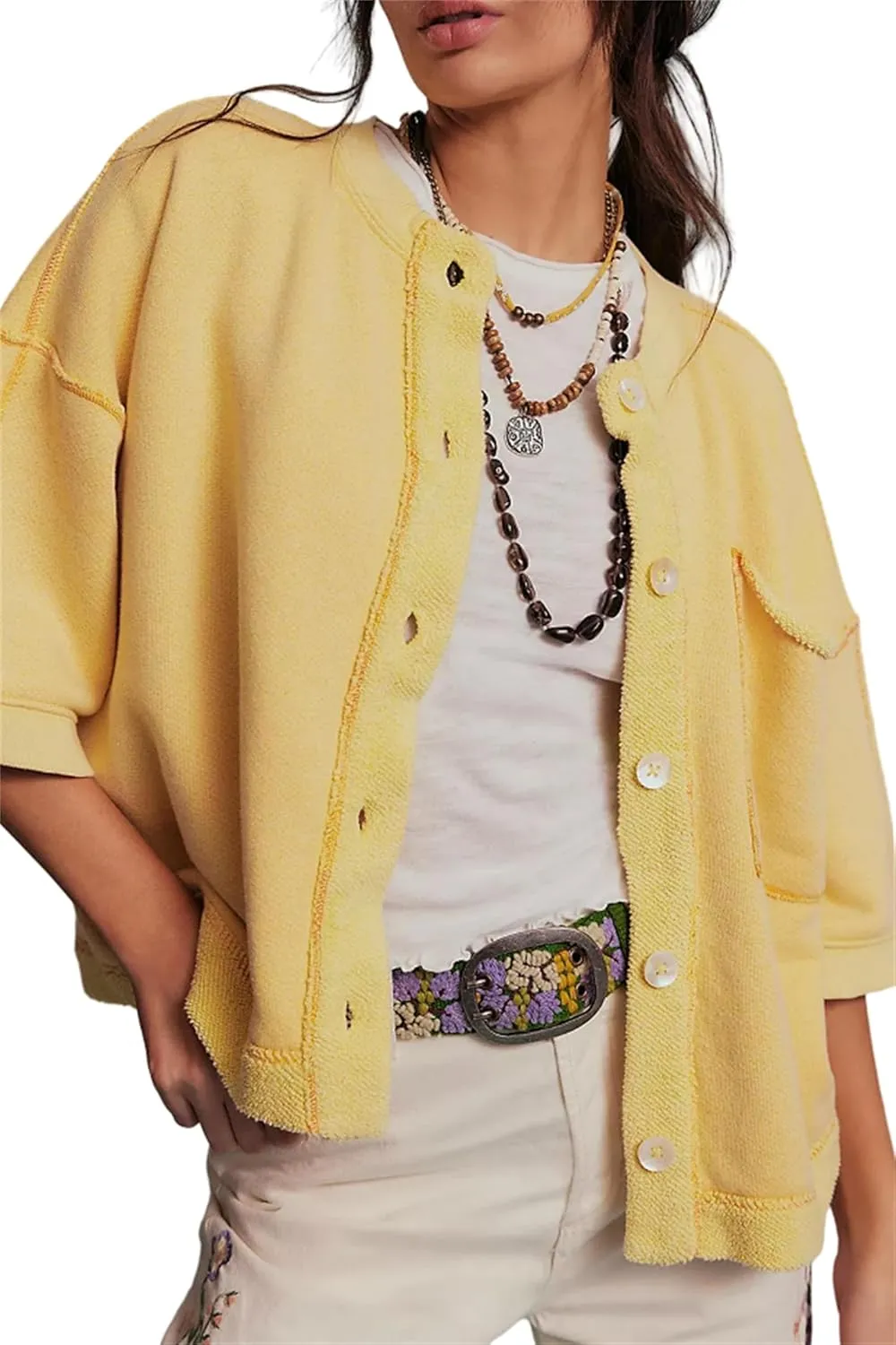 Women Cropped Cardigan T-Shirt Y2k Girls Casual Shirt Short Sleeve Button Down Open Front Loose Tee Crop Tops