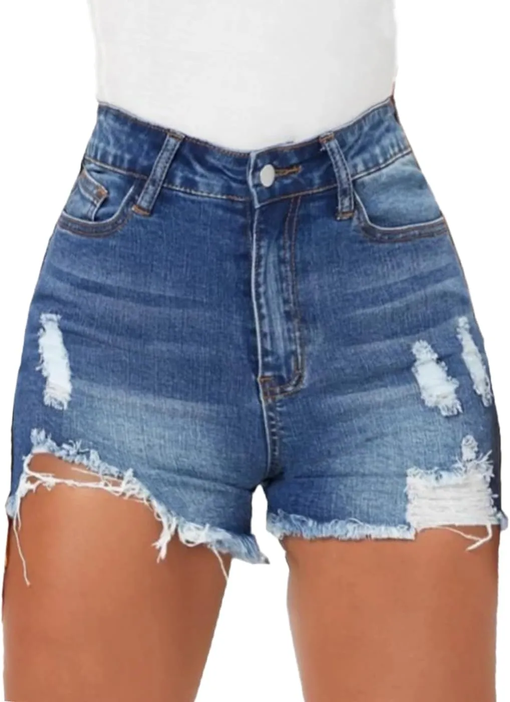 Women Distressed Stretchy Denim Shorts Junior Ripped Frayed Raw Hem Casual High Waisted Jeans Shorts