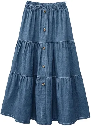 Women Elastic Waist Solid Skirts Fashion Denim Skirt A-Line Work Overskirts Casual Loose Holiday Jupe