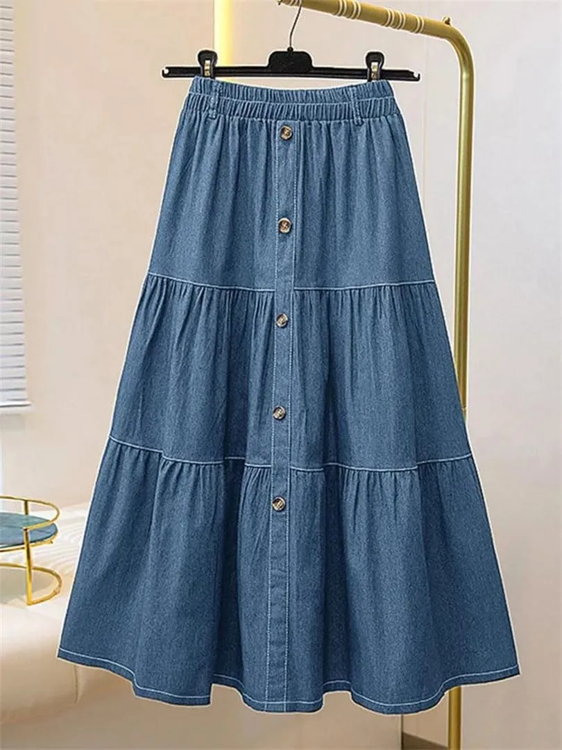 Women Elastic Waist Solid Skirts Fashion Denim Skirt A-Line Work Overskirts Casual Loose Holiday Jupe