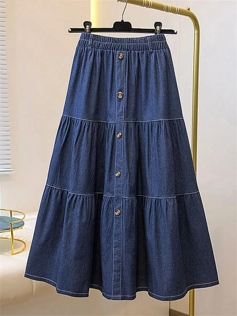 Women Elastic Waist Solid Skirts Fashion Denim Skirt A-Line Work Overskirts Casual Loose Holiday Jupe