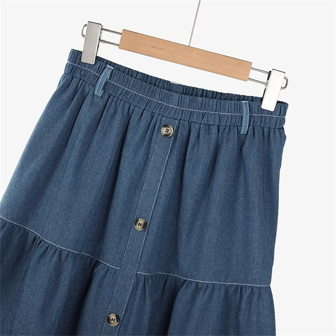 Women Elastic Waist Solid Skirts Fashion Denim Skirt A-Line Work Overskirts Casual Loose Holiday Jupe
