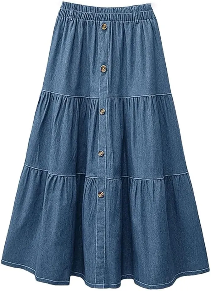 Women Elastic Waist Solid Skirts Fashion Denim Skirt A-Line Work Overskirts Casual Loose Holiday Jupe