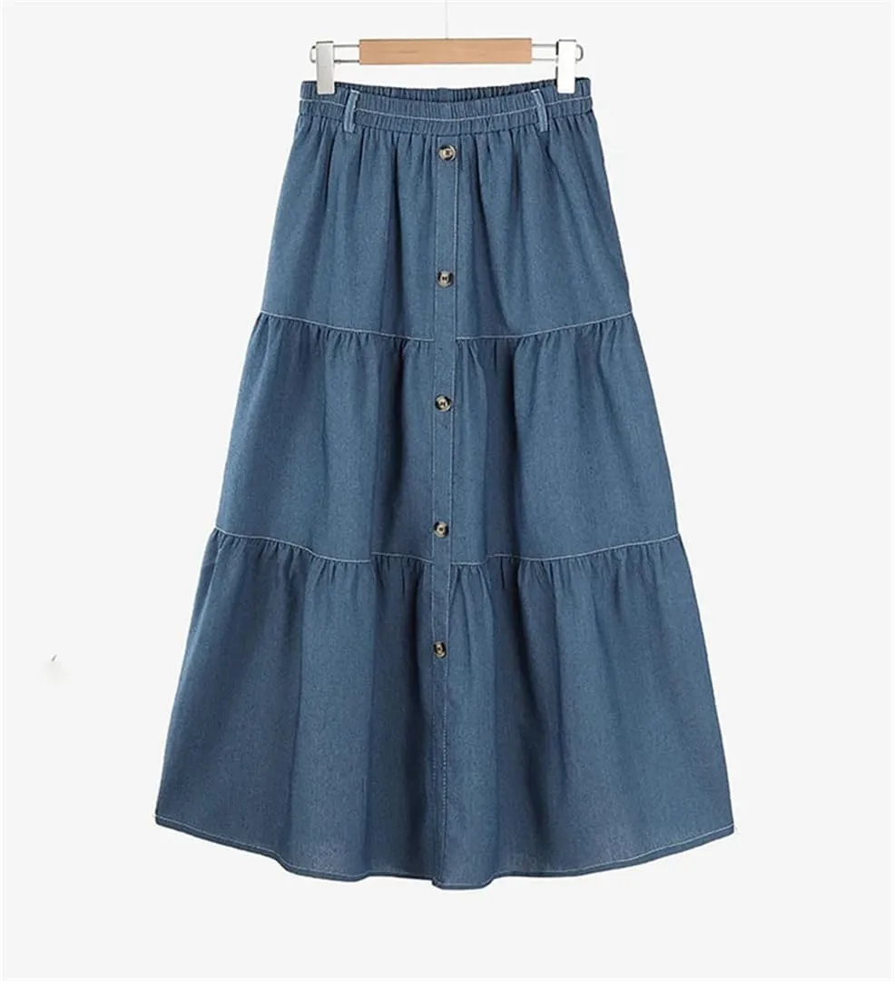 Women Elastic Waist Solid Skirts Fashion Denim Skirt A-Line Work Overskirts Casual Loose Holiday Jupe