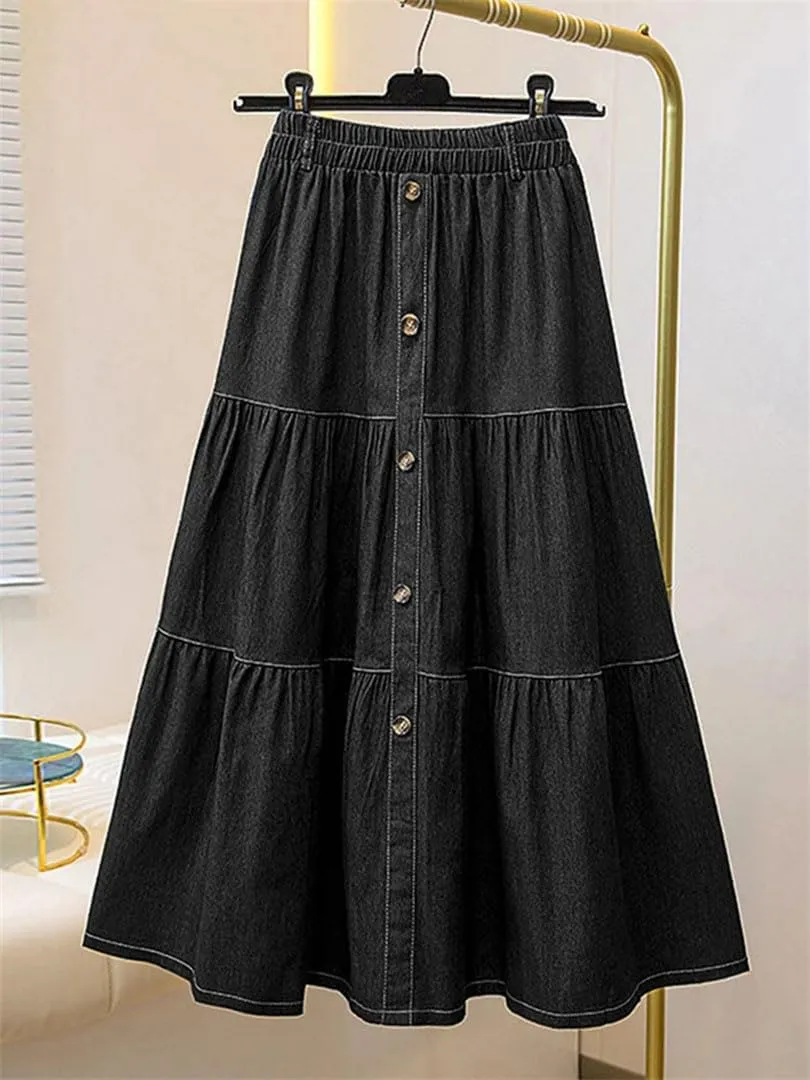 Women Elastic Waist Solid Skirts Fashion Denim Skirt A-Line Work Overskirts Casual Loose Holiday Jupe