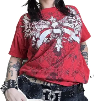Women Graphic Grunge Shirts Loose Fit Gothic Punk Tees Y2k Emo Clothes Teen Girls Baggy T Shirts 2000s Vintage Tops