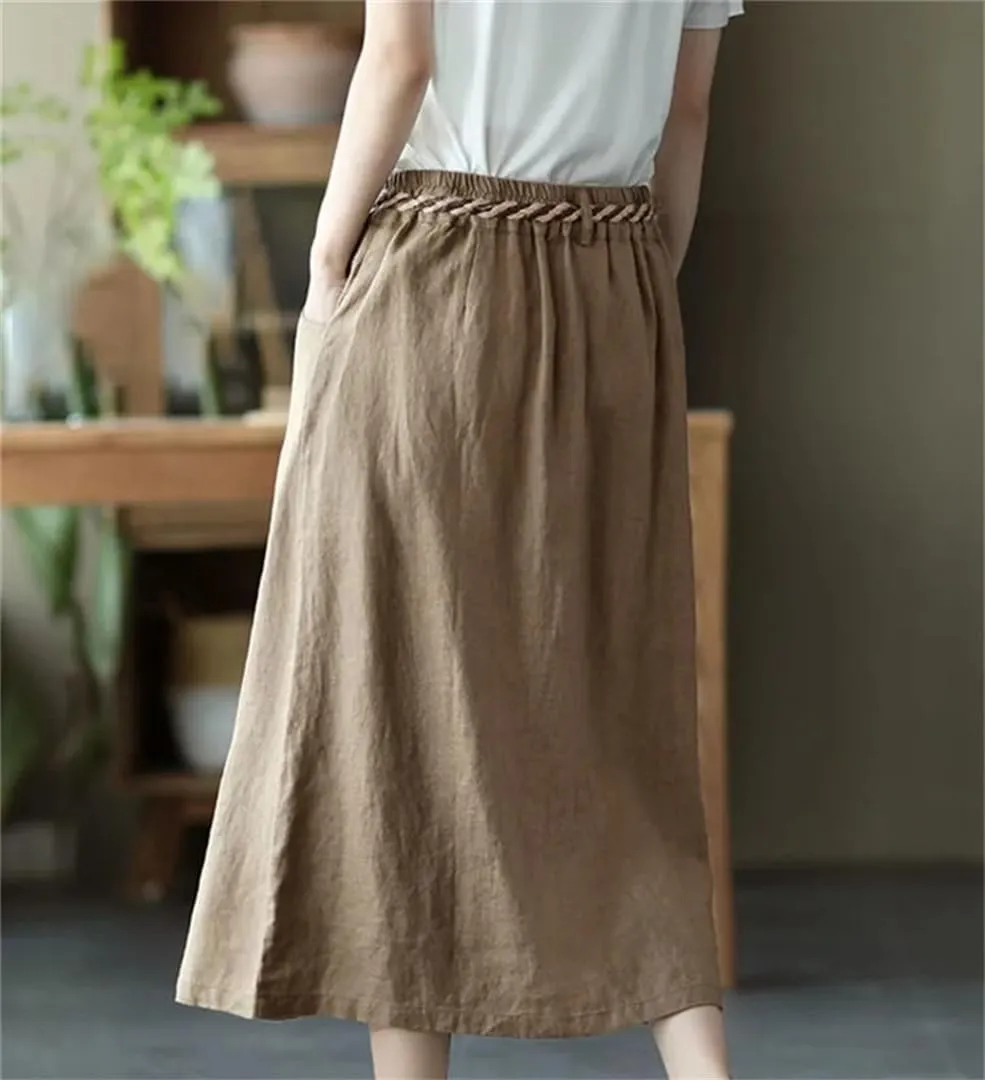Women High Waist Casual Skirts Arrival Summer Vintage Style Loose Cotton Linen A-Line Long Skirt