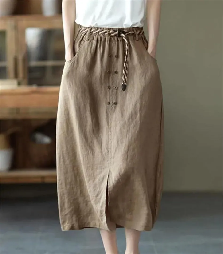 Women High Waist Casual Skirts Arrival Summer Vintage Style Loose Cotton Linen A-Line Long Skirt