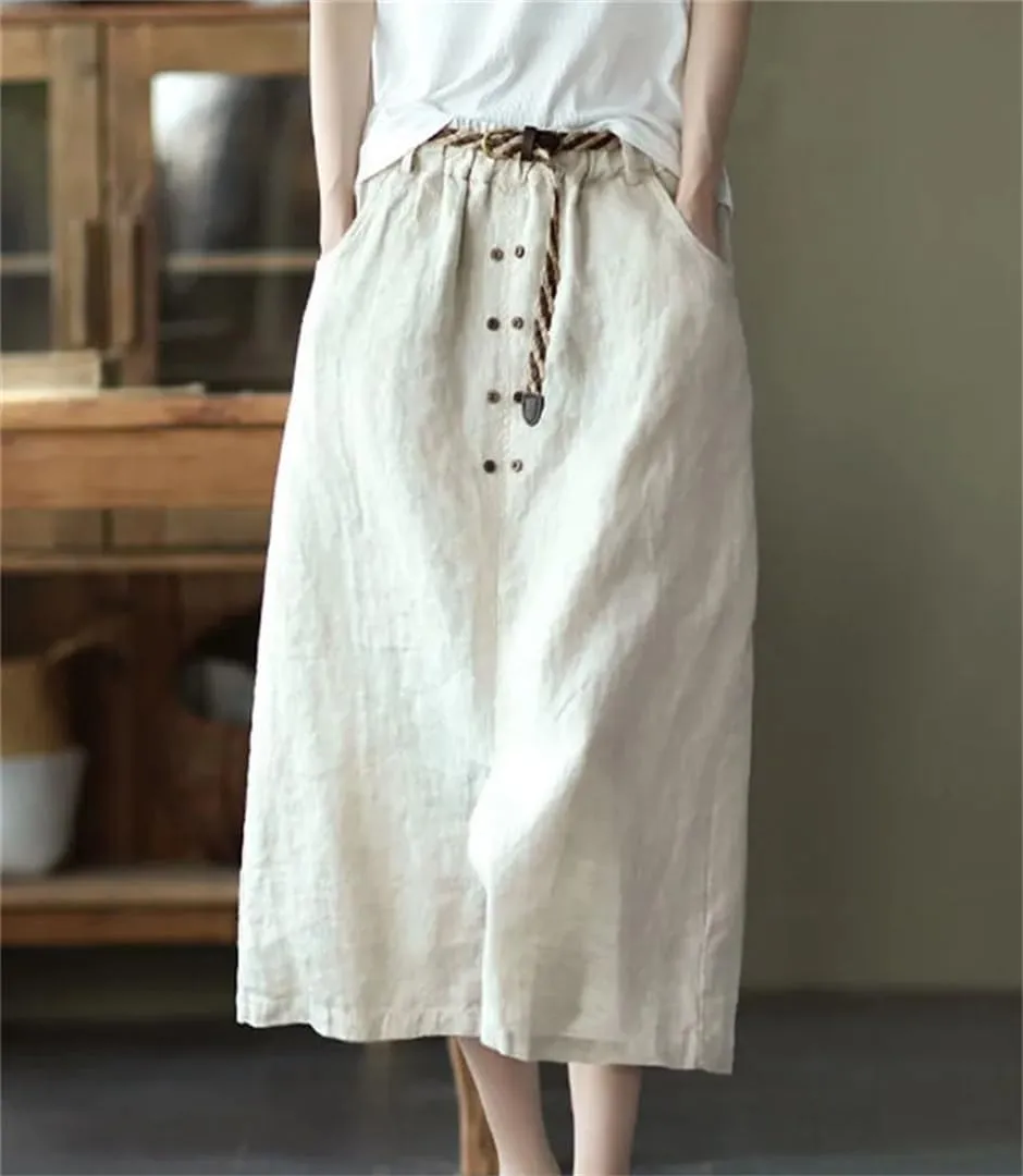 Women High Waist Casual Skirts Arrival Summer Vintage Style Loose Cotton Linen A-Line Long Skirt