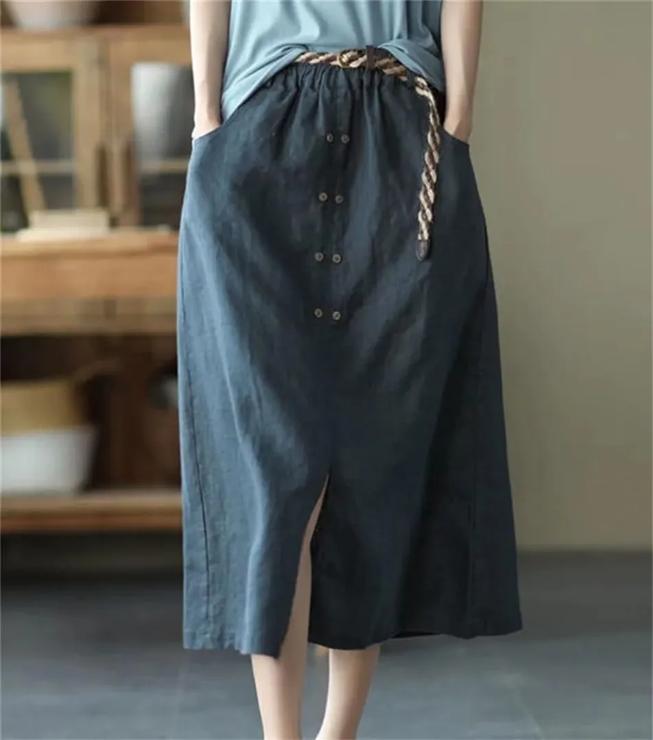 Women High Waist Casual Skirts Arrival Summer Vintage Style Loose Cotton Linen A-Line Long Skirt
