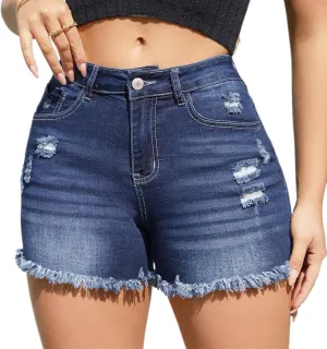 Women High Waisted Skinny Stretchy Denim Shorts Casual Summer Frayed Raw Hem Distressed Ripped Short Jeans