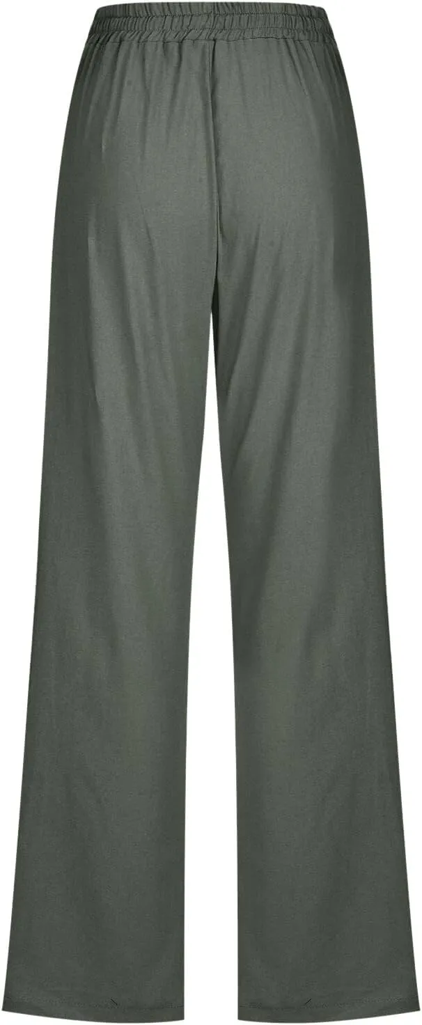 Women High Waisted Wide Leg Pants Casual Drawstring Elastic Trousers Comfy Straight Leg Long Pants with Pockets