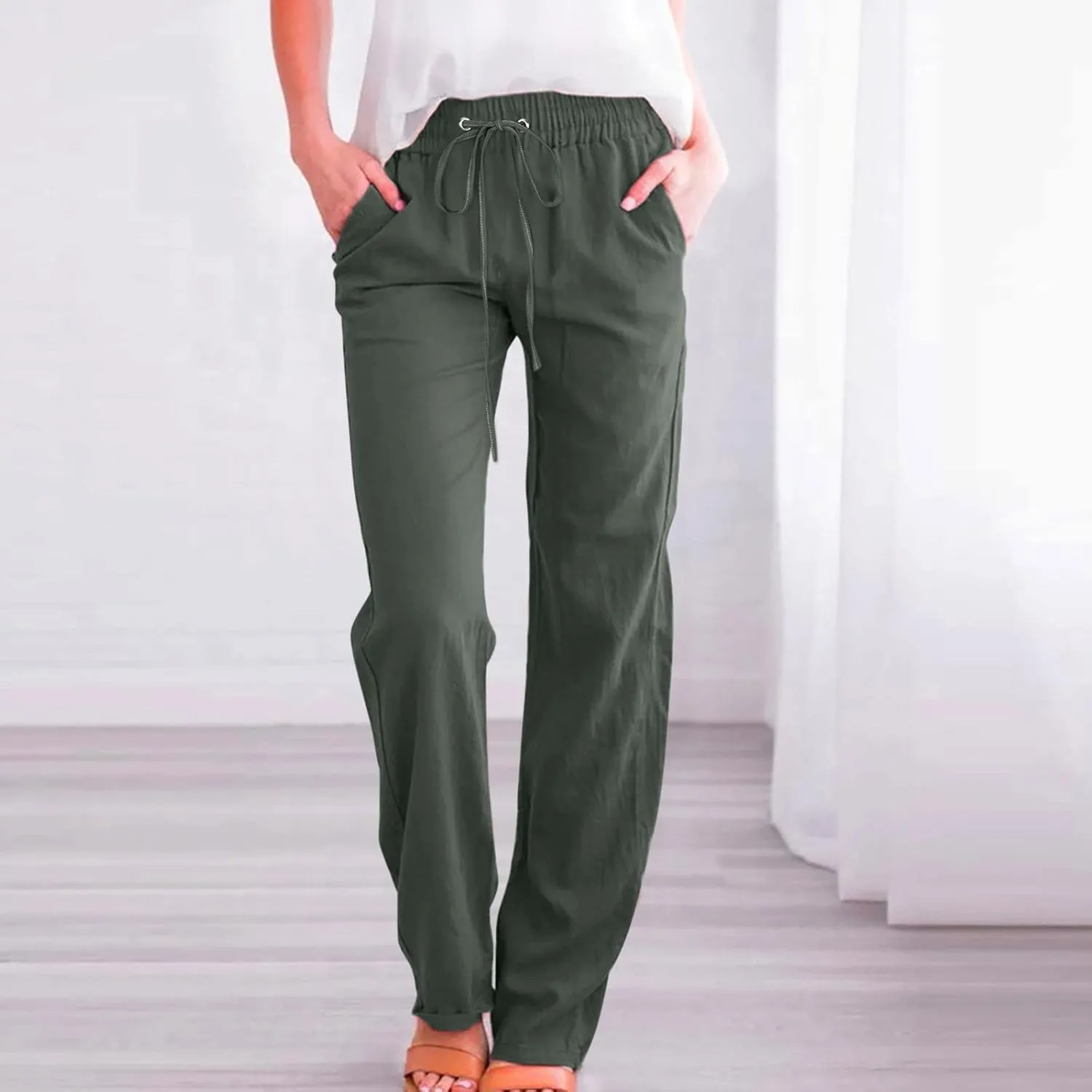 Women High Waisted Wide Leg Pants Casual Drawstring Elastic Trousers Comfy Straight Leg Long Pants with Pockets