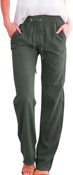 Women High Waisted Wide Leg Pants Casual Drawstring Elastic Trousers Comfy Straight Leg Long Pants with Pockets