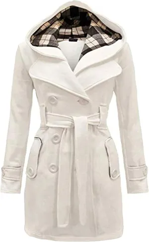 Women Hooded Thick Trench Coat Long Sleeve Basic Jacket Commuting with Pockets Elegant Coat