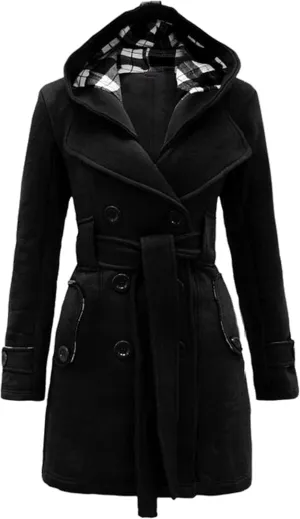 Women Hooded Thick Trench Coat Long Sleeve Basic Jacket Commuting with Pockets Elegant Coat