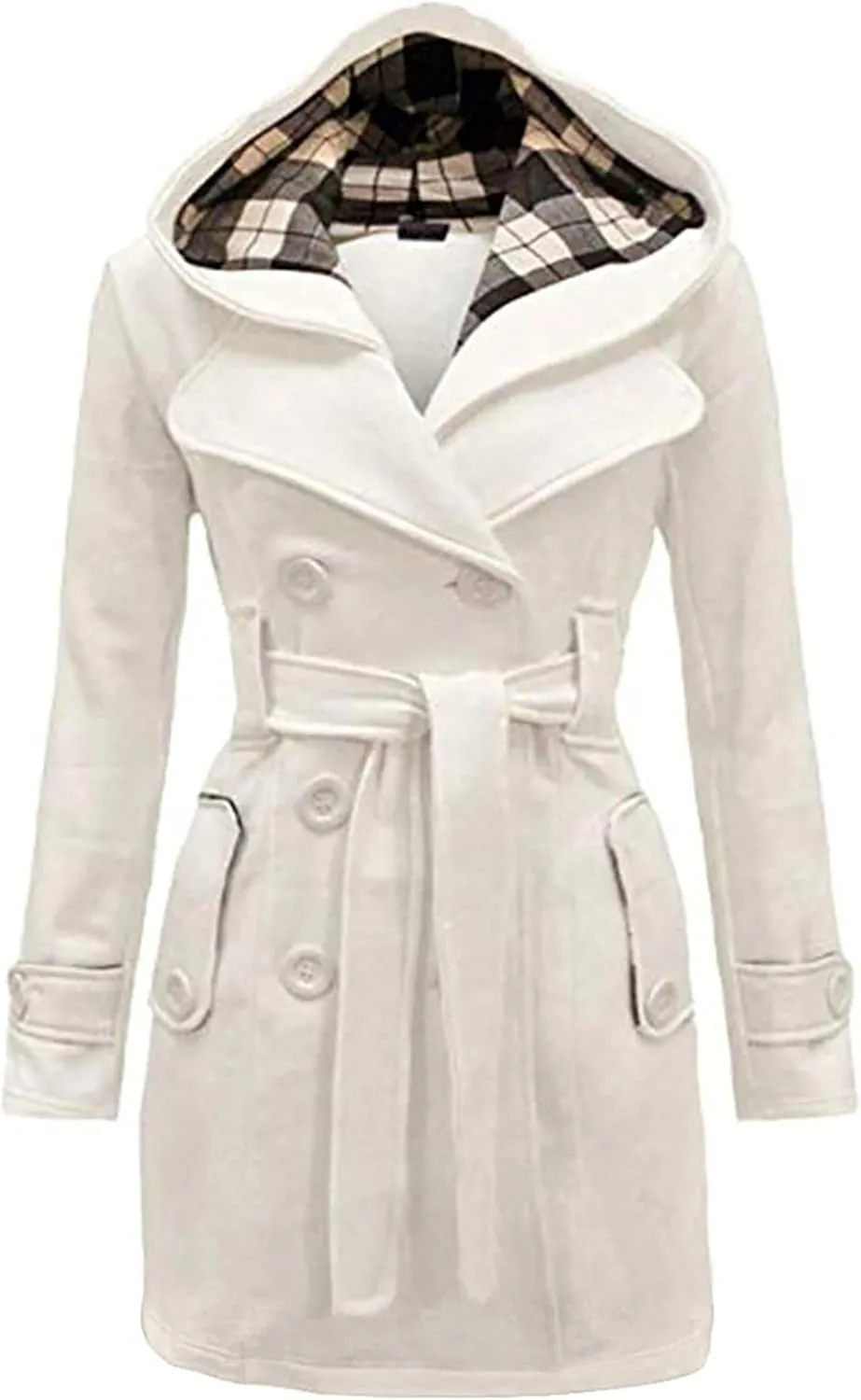 Women Hooded Thick Trench Coat Long Sleeve Basic Jacket Commuting with Pockets Elegant Coat