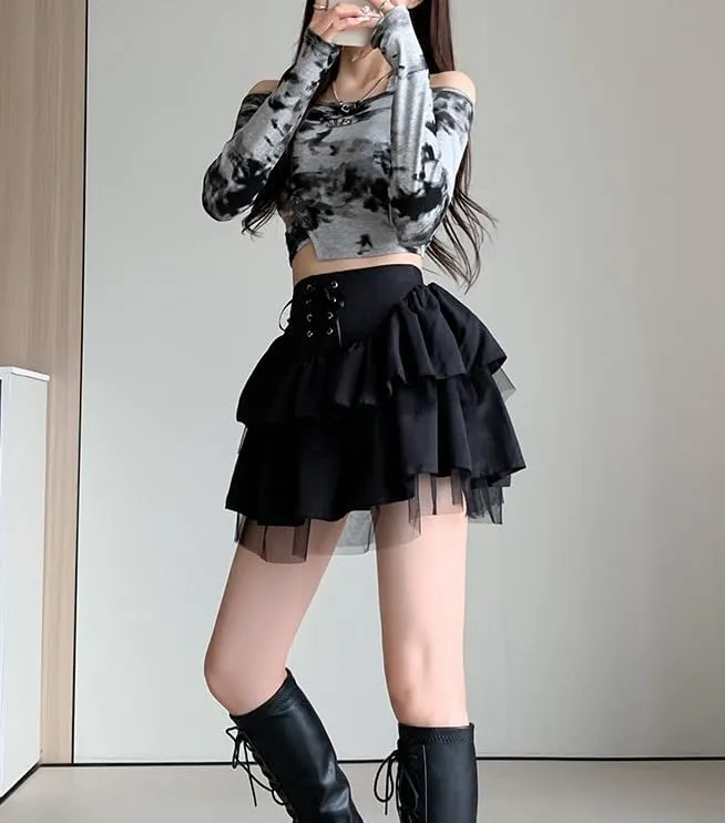 Women Lace Patchwork Mini Pleated Skirts Punk Fairy Grunge High Waist Ruffle Short Skirts Goth Layered Puffy Skirts