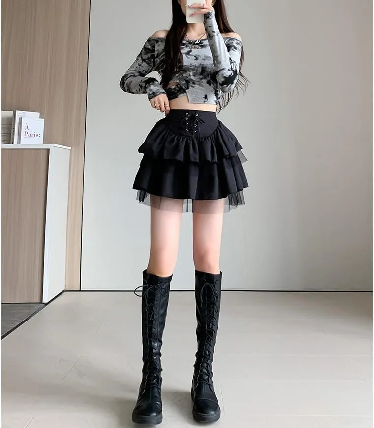 Women Lace Patchwork Mini Pleated Skirts Punk Fairy Grunge High Waist Ruffle Short Skirts Goth Layered Puffy Skirts