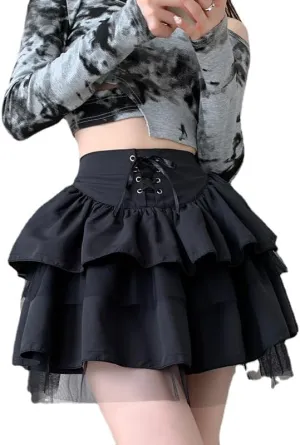 Women Lace Patchwork Mini Pleated Skirts Punk Fairy Grunge High Waist Ruffle Short Skirts Goth Layered Puffy Skirts