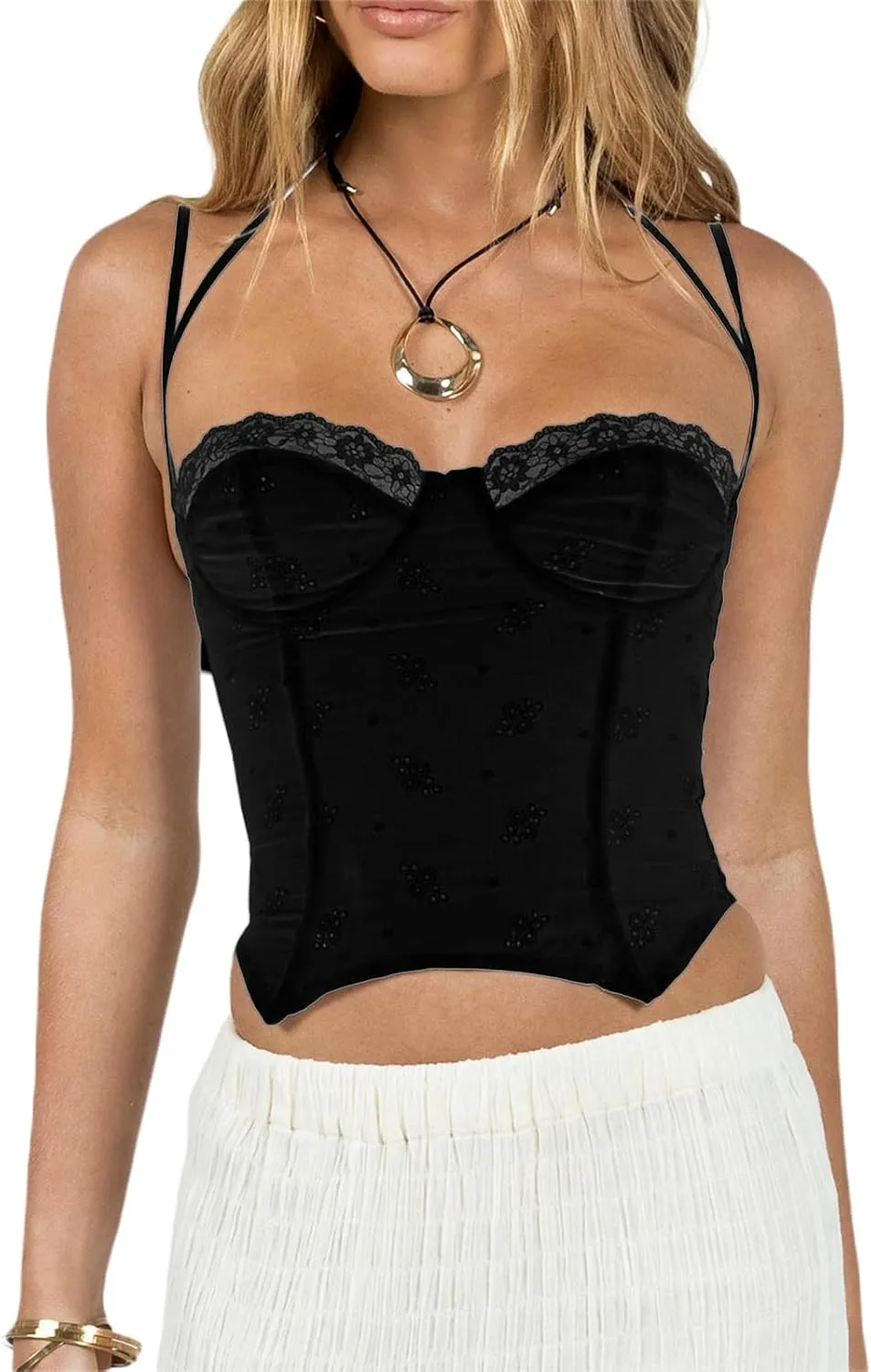 Women Sexy Lace Patchwork Crop Top Spaghetti Strap Push Up Bustier Tank Top Backless Summer Aesthetic Cami Top