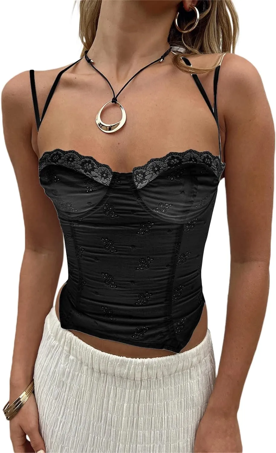 Women Sexy Lace Patchwork Crop Top Spaghetti Strap Push Up Bustier Tank Top Backless Summer Aesthetic Cami Top
