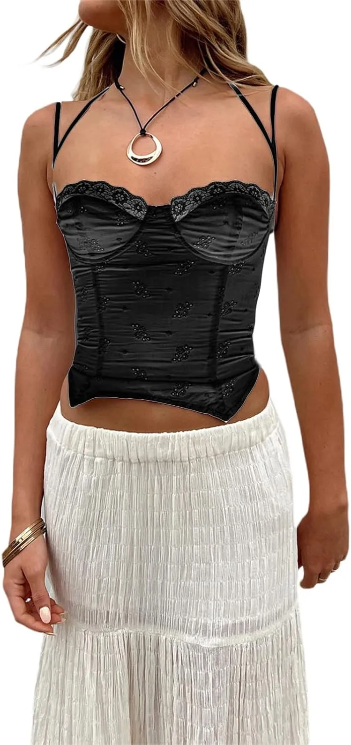 Women Sexy Lace Patchwork Crop Top Spaghetti Strap Push Up Bustier Tank Top Backless Summer Aesthetic Cami Top