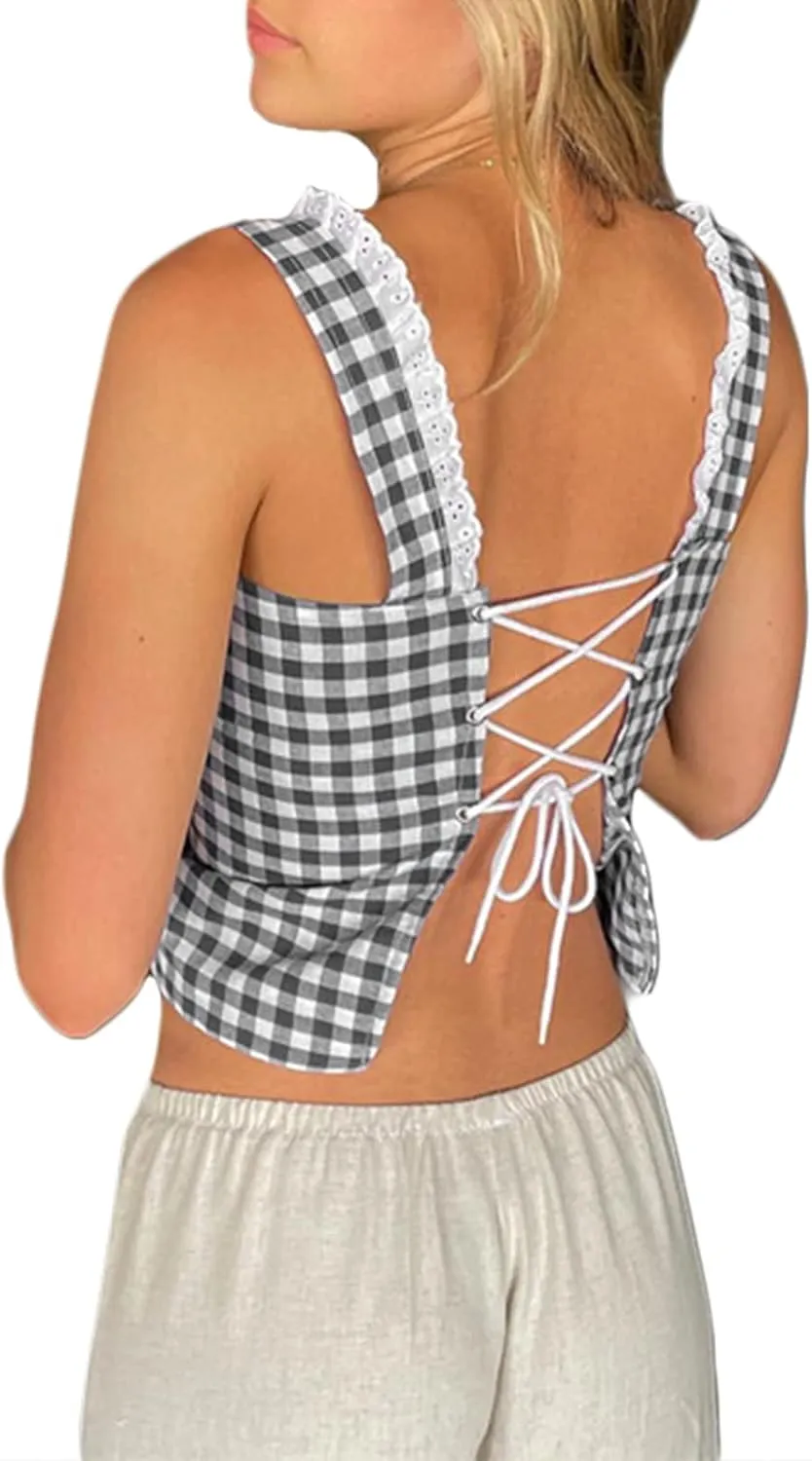 Women Sexy Lace Patchwork Crop Top Spaghetti Strap Push Up Bustier Tank Top Backless Summer Aesthetic Cami Top