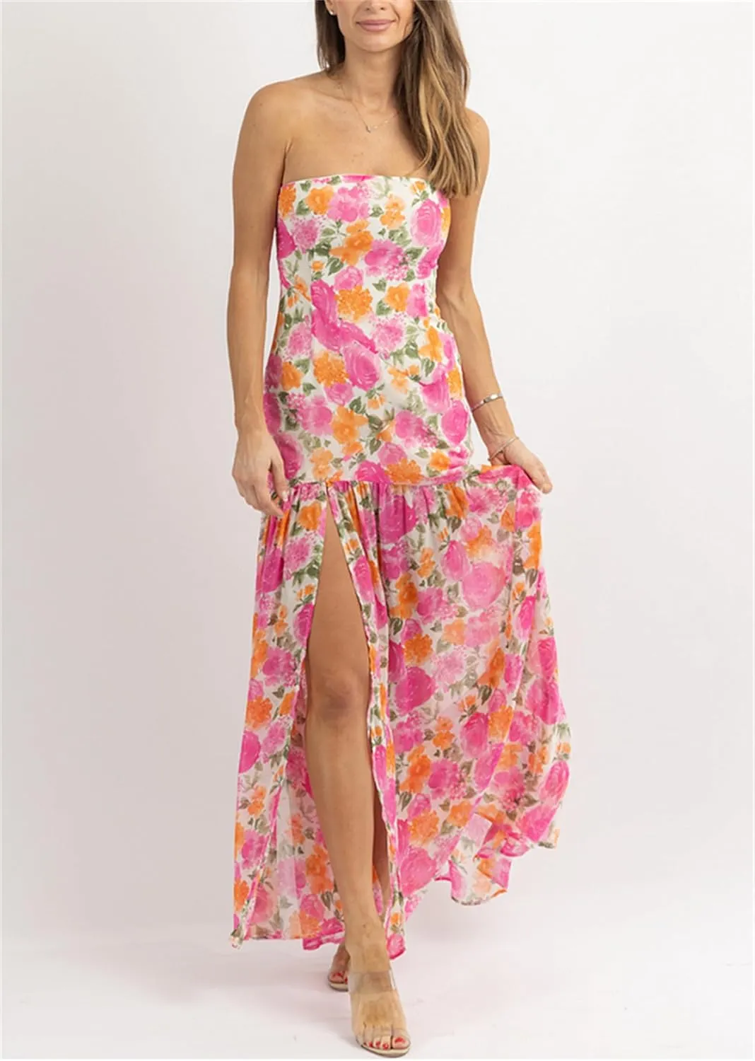 Women Sexy Tube Maxi Dress Strapless Off Shoulder High Split Floral Pritnting Bodycon Long Dress for Beach Evening