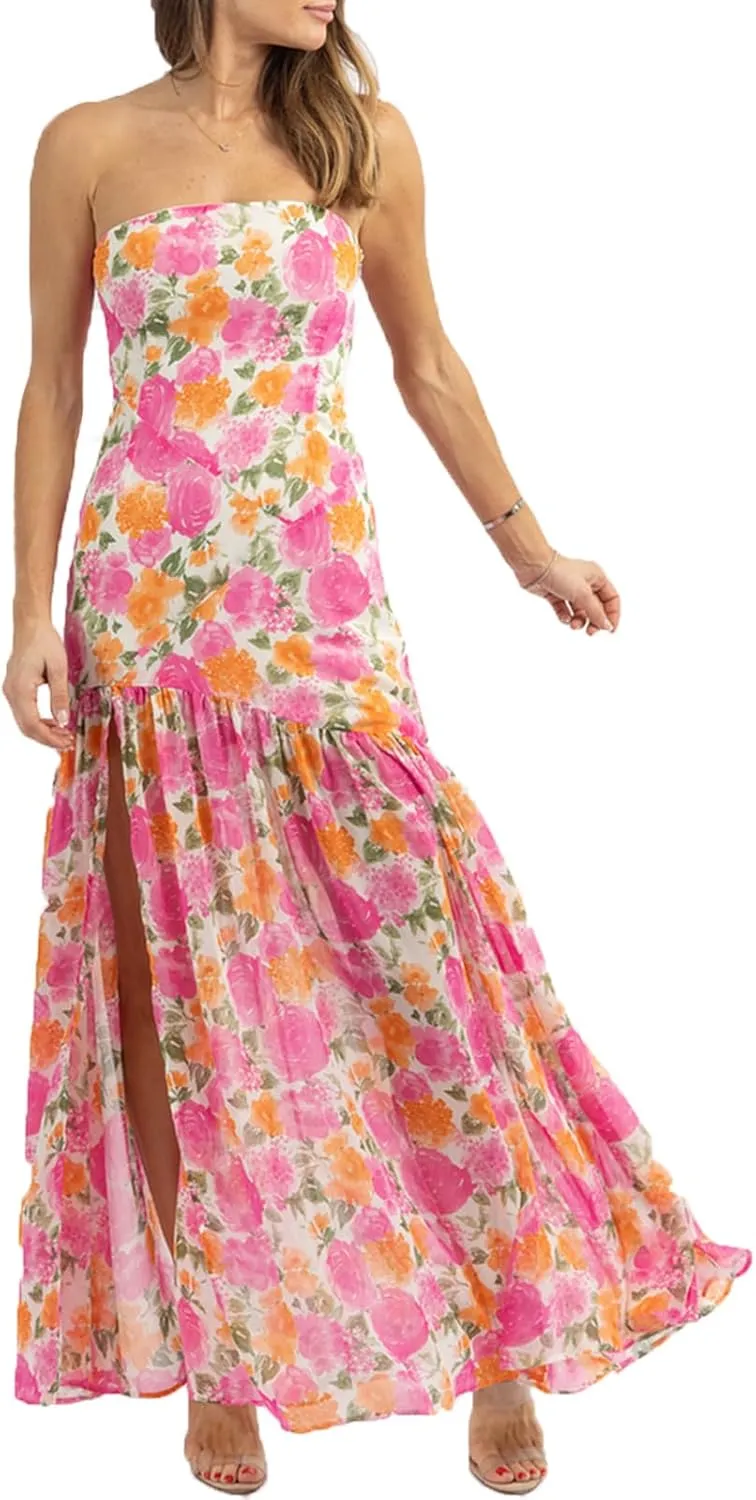 Women Sexy Tube Maxi Dress Strapless Off Shoulder High Split Floral Pritnting Bodycon Long Dress for Beach Evening