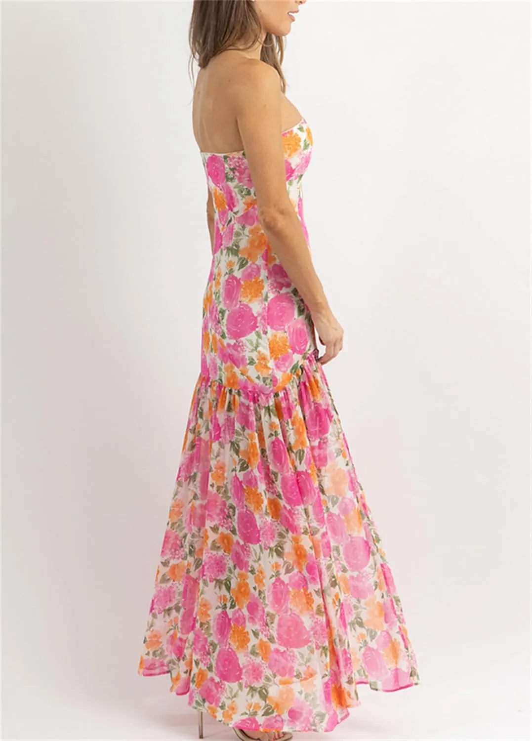 Women Sexy Tube Maxi Dress Strapless Off Shoulder High Split Floral Pritnting Bodycon Long Dress for Beach Evening