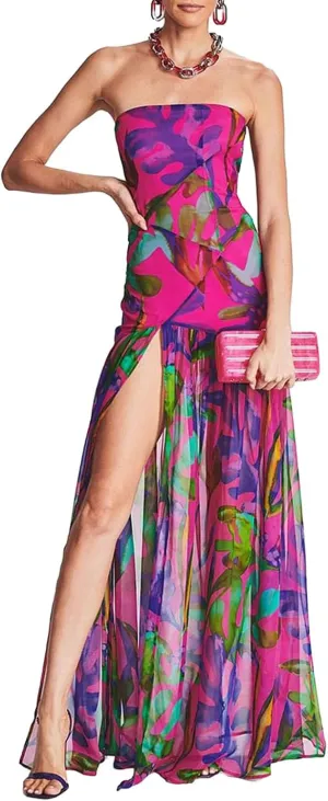 Women Sexy Tube Maxi Dress Strapless Off Shoulder High Split Floral Pritnting Bodycon Long Dress for Beach Evening