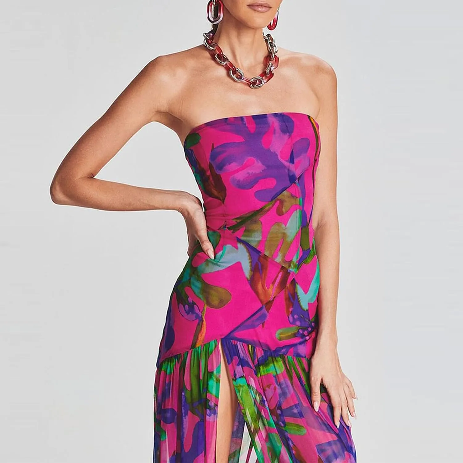 Women Sexy Tube Maxi Dress Strapless Off Shoulder High Split Floral Pritnting Bodycon Long Dress for Beach Evening