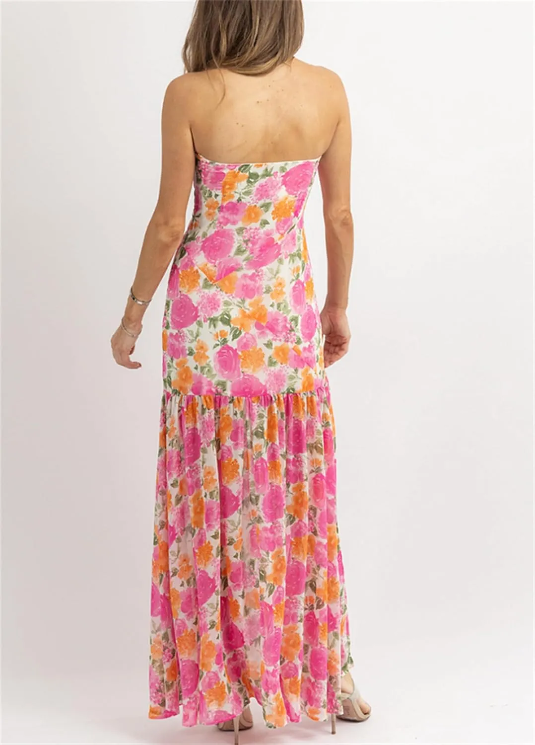 Women Sexy Tube Maxi Dress Strapless Off Shoulder High Split Floral Pritnting Bodycon Long Dress for Beach Evening