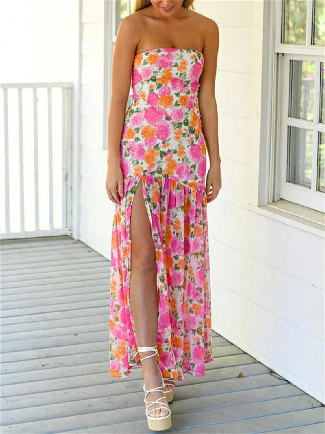 Women Sexy Tube Maxi Dress Strapless Off Shoulder High Split Floral Pritnting Bodycon Long Dress for Beach Evening