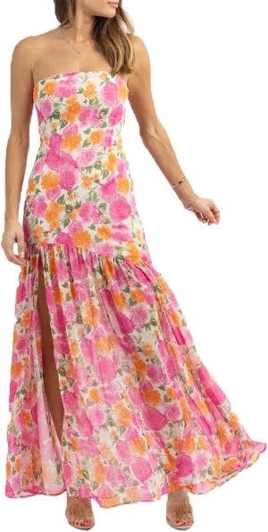 Women Sexy Tube Maxi Dress Strapless Off Shoulder High Split Floral Pritnting Bodycon Long Dress for Beach Evening