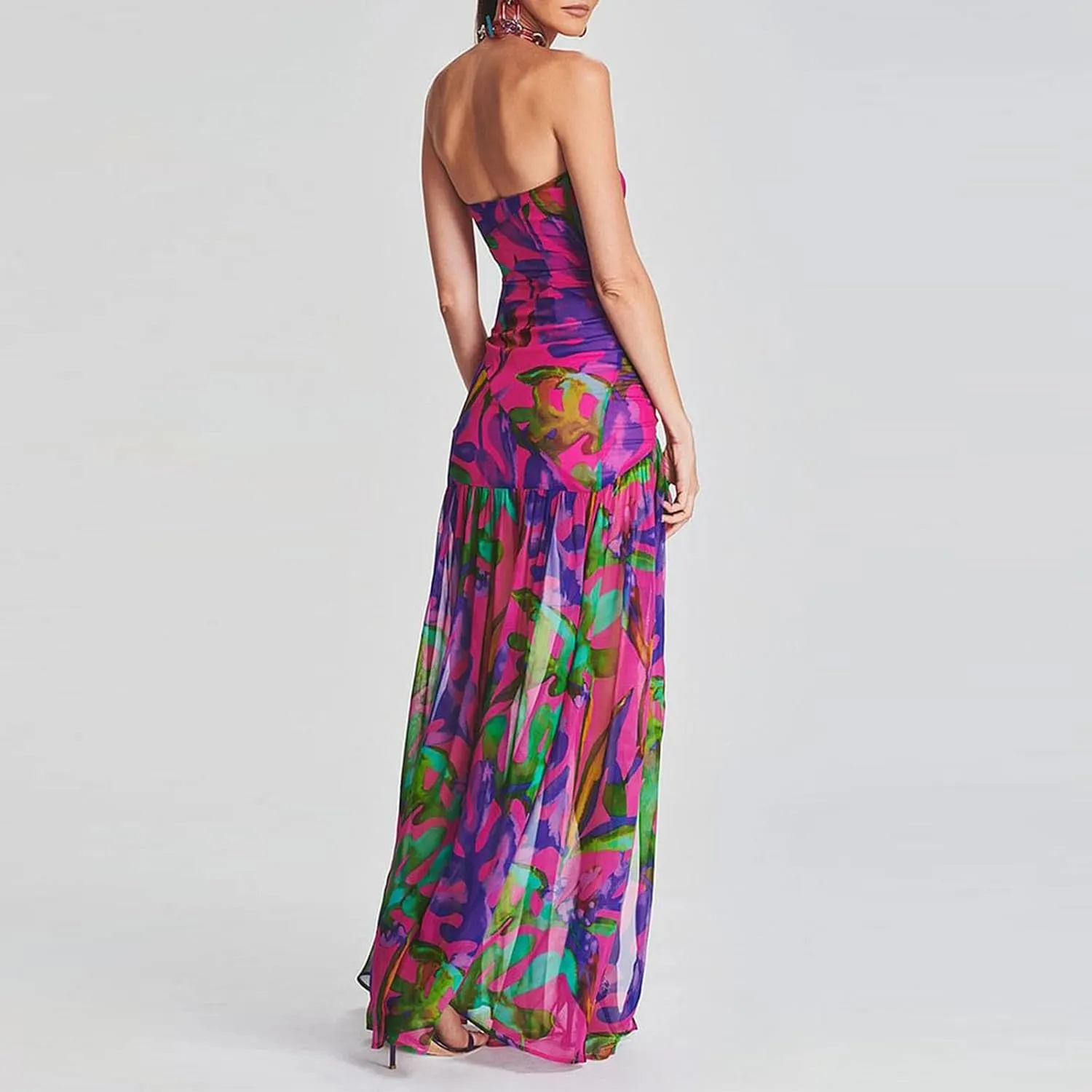Women Sexy Tube Maxi Dress Strapless Off Shoulder High Split Floral Pritnting Bodycon Long Dress for Beach Evening