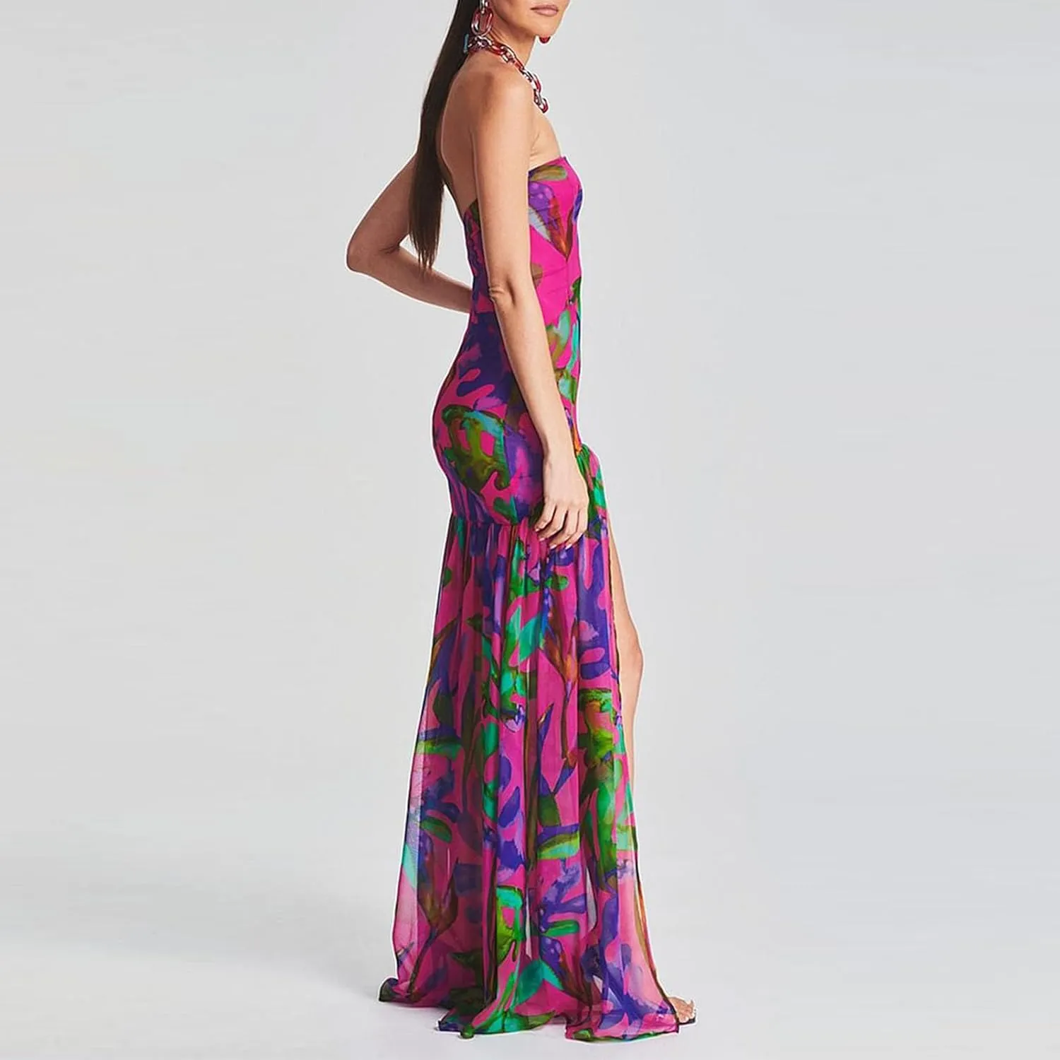 Women Sexy Tube Maxi Dress Strapless Off Shoulder High Split Floral Pritnting Bodycon Long Dress for Beach Evening
