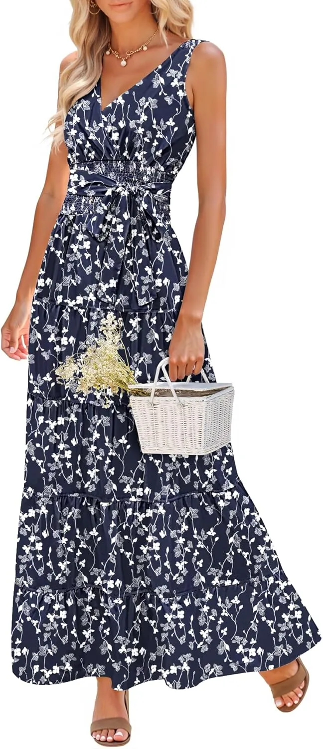 Women Sleeveless Boho Floral Maxi Dress Summer Casual Wrap Vneck Smocked Tie Flowy Ruffle Tiered Beach Long Sundress Pocket