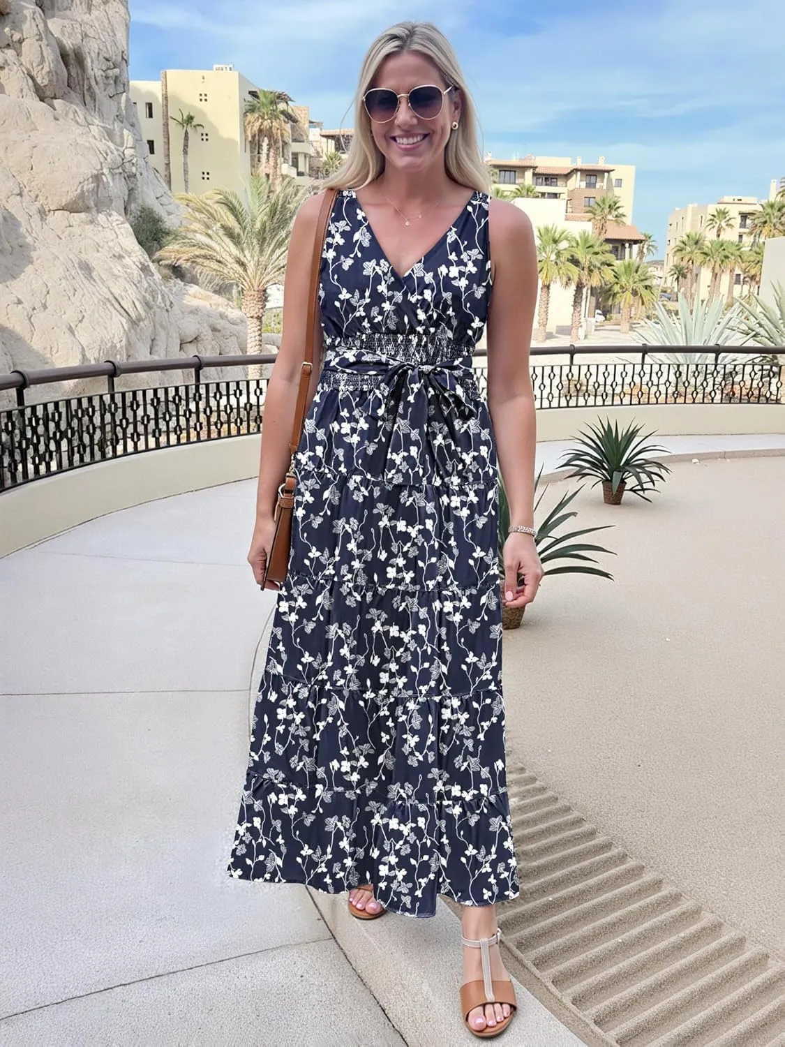 Women Sleeveless Boho Floral Maxi Dress Summer Casual Wrap Vneck Smocked Tie Flowy Ruffle Tiered Beach Long Sundress Pocket