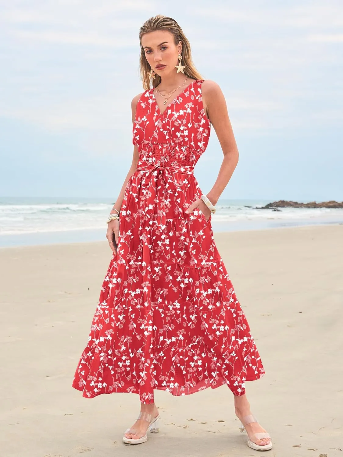 Women Sleeveless Boho Floral Maxi Dress Summer Casual Wrap Vneck Smocked Tie Flowy Ruffle Tiered Beach Long Sundress Pocket