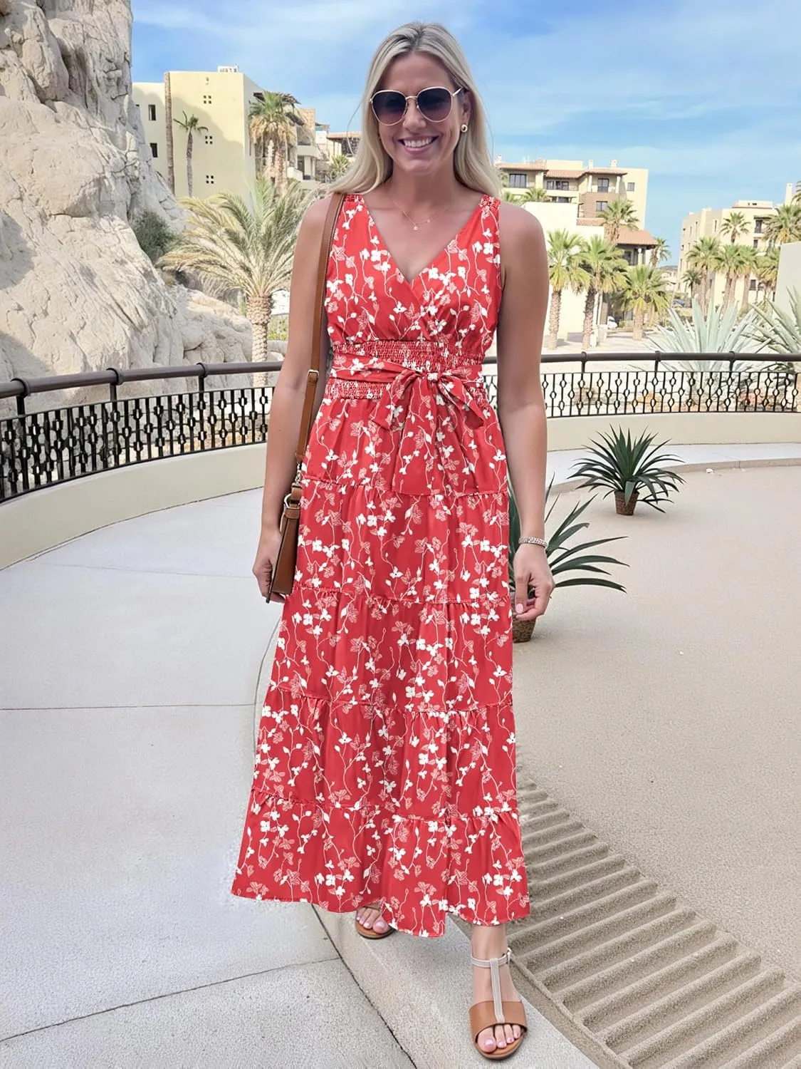 Women Sleeveless Boho Floral Maxi Dress Summer Casual Wrap Vneck Smocked Tie Flowy Ruffle Tiered Beach Long Sundress Pocket