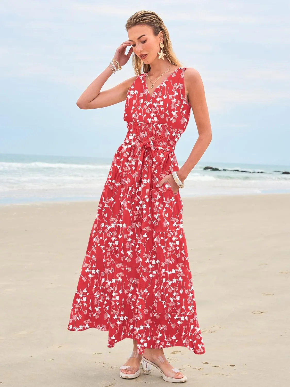 Women Sleeveless Boho Floral Maxi Dress Summer Casual Wrap Vneck Smocked Tie Flowy Ruffle Tiered Beach Long Sundress Pocket