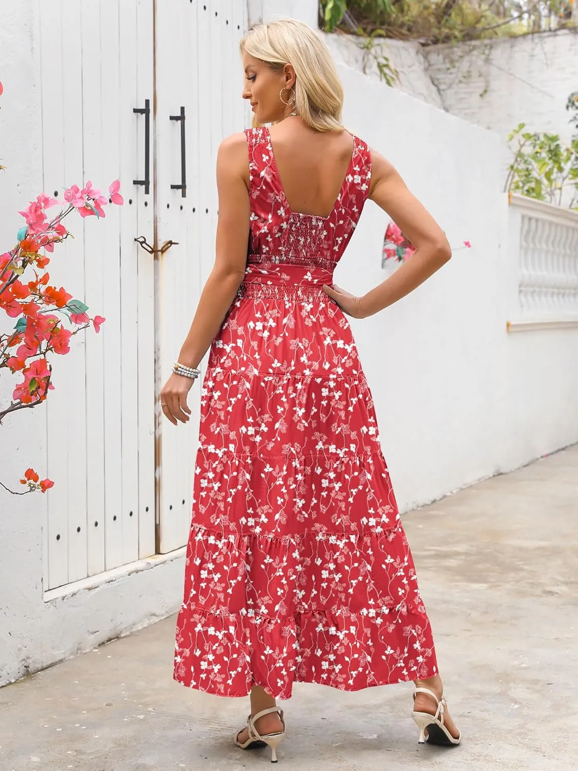 Women Sleeveless Boho Floral Maxi Dress Summer Casual Wrap Vneck Smocked Tie Flowy Ruffle Tiered Beach Long Sundress Pocket