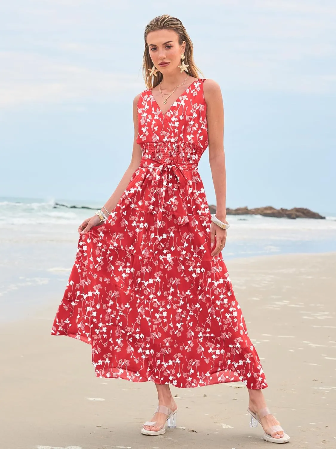 Women Sleeveless Boho Floral Maxi Dress Summer Casual Wrap Vneck Smocked Tie Flowy Ruffle Tiered Beach Long Sundress Pocket
