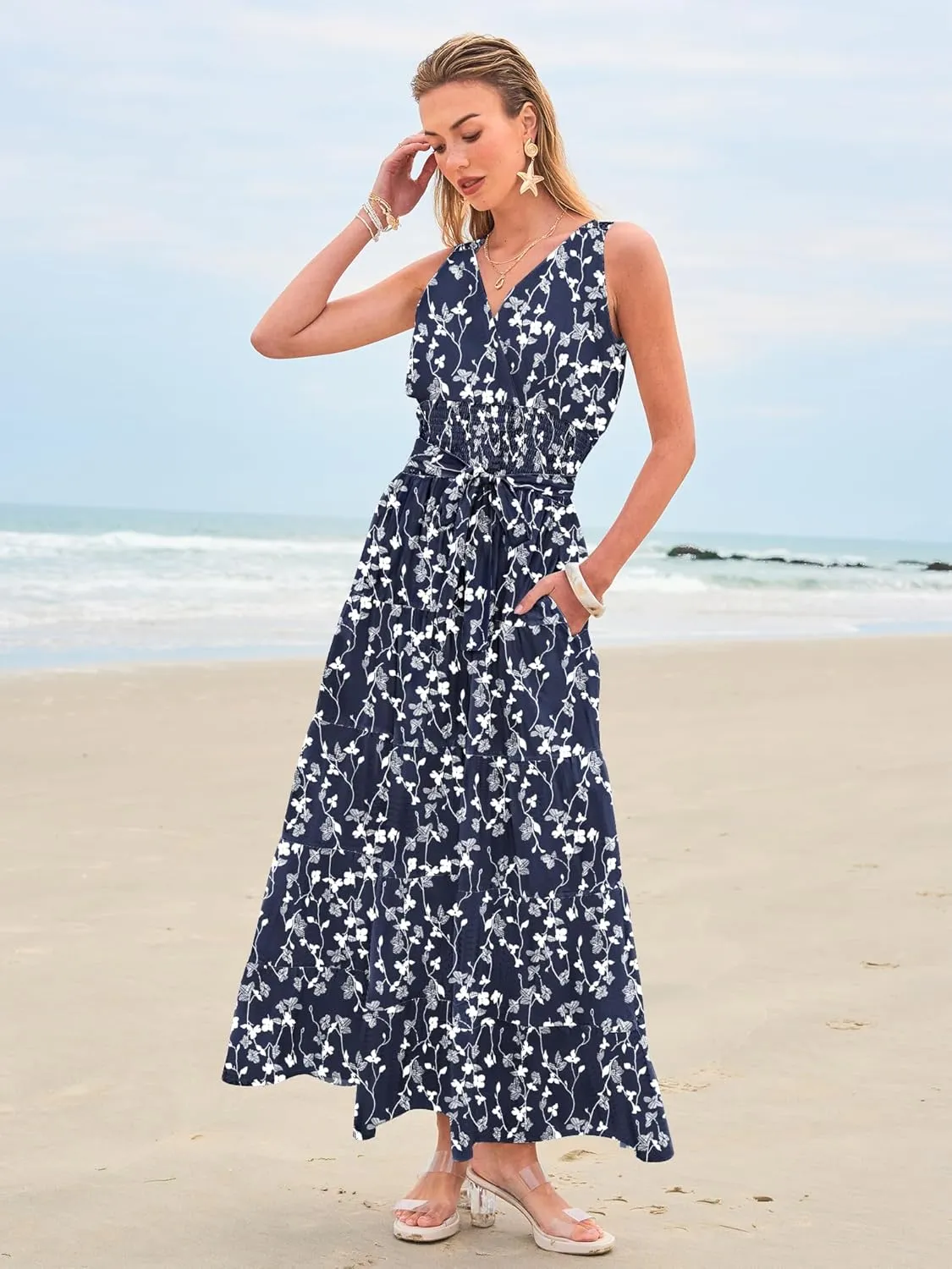 Women Sleeveless Boho Floral Maxi Dress Summer Casual Wrap Vneck Smocked Tie Flowy Ruffle Tiered Beach Long Sundress Pocket